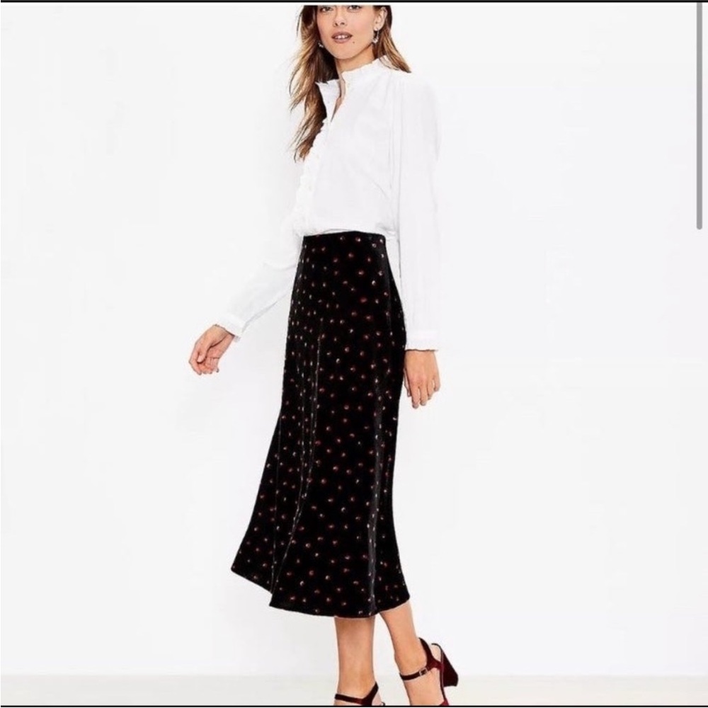 LOFT Black Midi Skirt with Red Dot Print